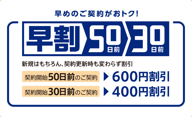 早めのご契約がおトク！ 早割50日前 30日前 新規はもちろん、契約更新時も変わらず割引 契約開始50日前のご契約：600円割引 契約開始30日前のご契約：400円割引
